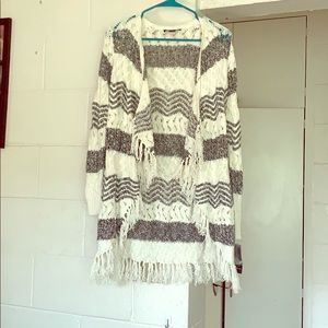 INC Petite Striped Fringe Cozy Cardigan